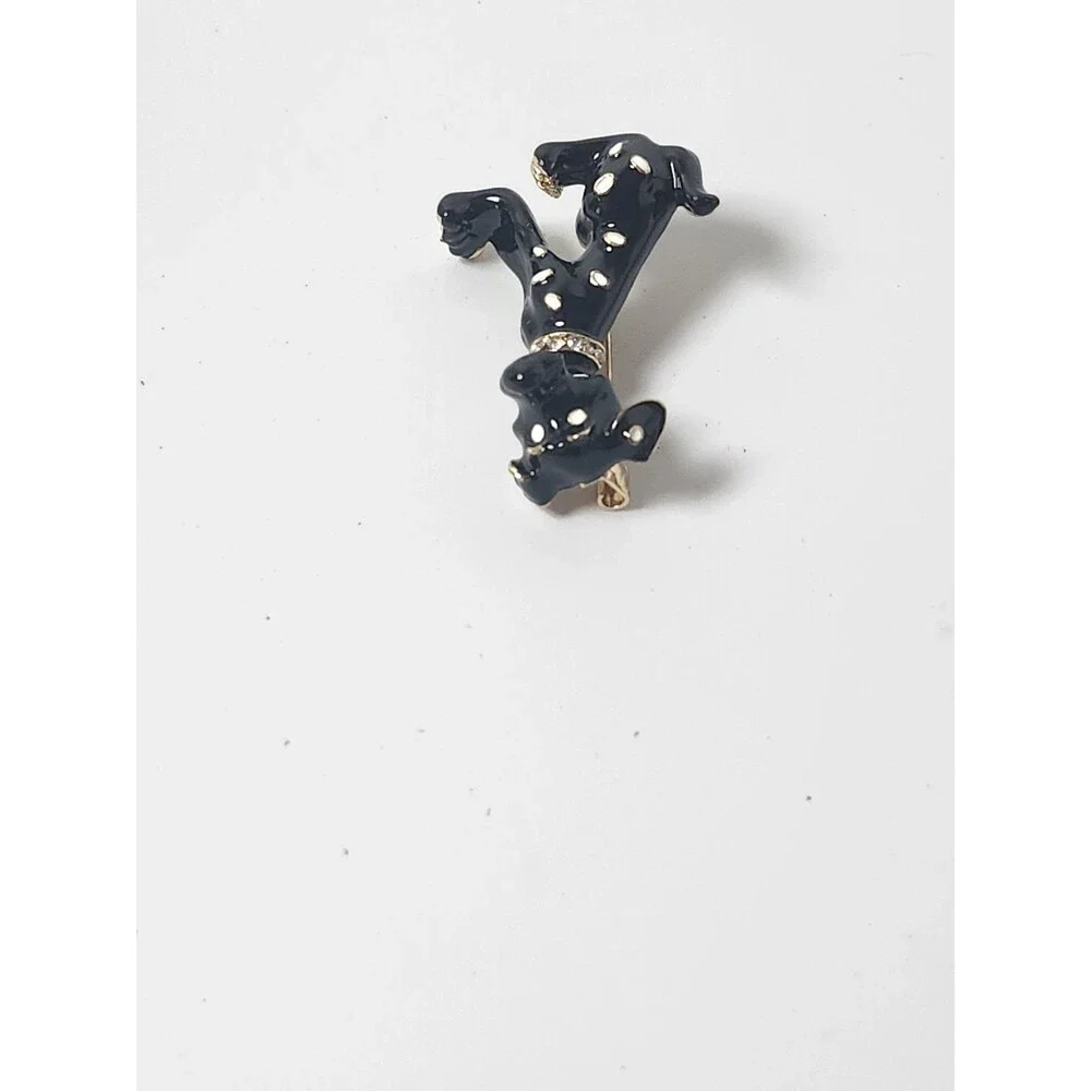 Black and Gold Enamel Dog Brooch with Crystals on Collar